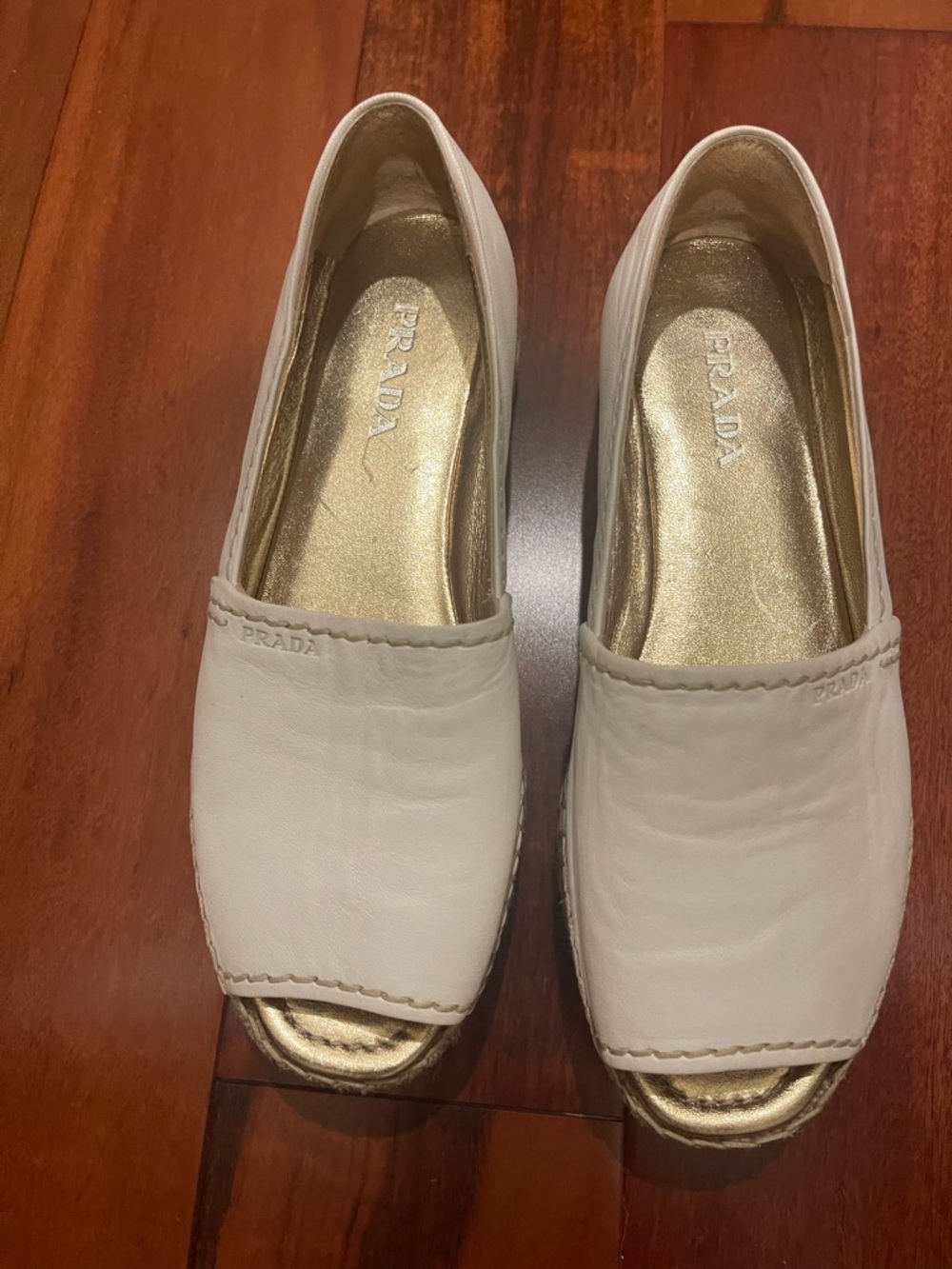 Prada White Leather Espadrille Platform Peep-Toe Slides with Gold Insole - Picture 3 of 5